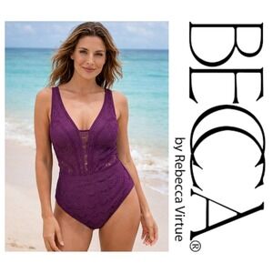 Becca Castaway Eggpplant Textured One-Piece Swimsuit Plus Size 3XL